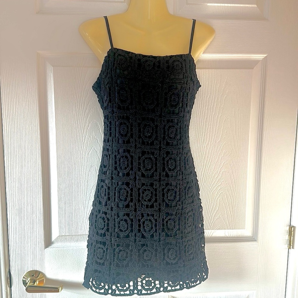 AQUA Black Crochet Overlay Mini Dress Size M